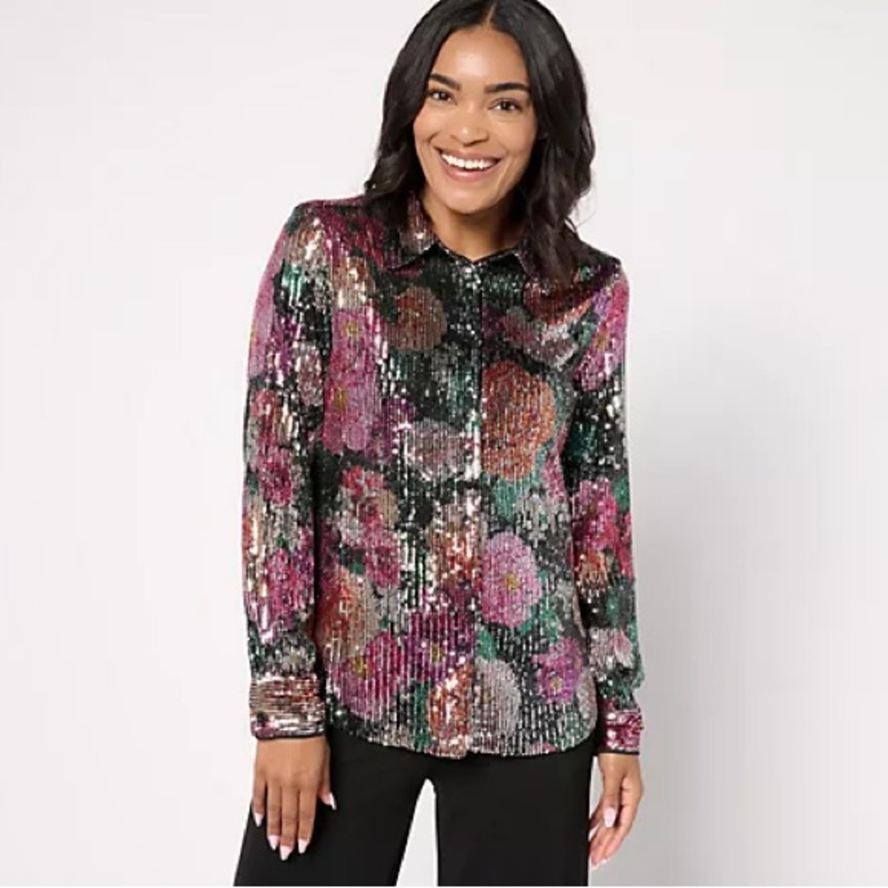 Isaac Mizrahi Always Isaac Printed Sequin Button Front Top M